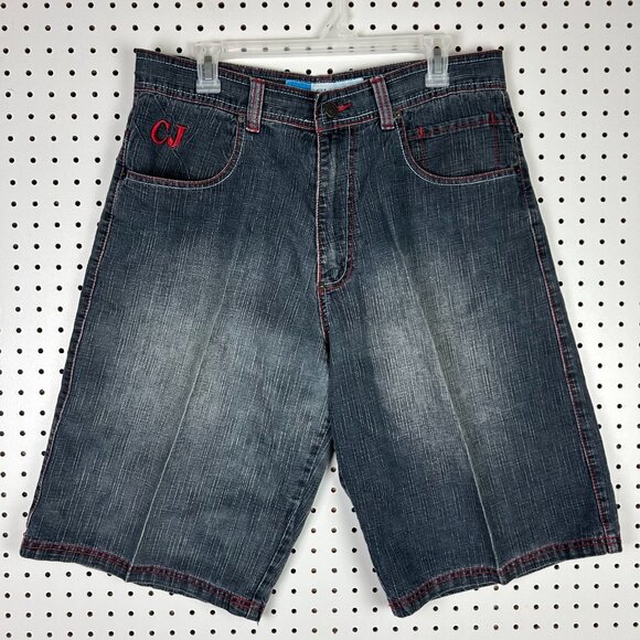 CJ Jeans Y2K Jorts Size 34 Wide Leg Baggy Embroidered Pockets Blue Cyber Punk - Picture 4 of 7